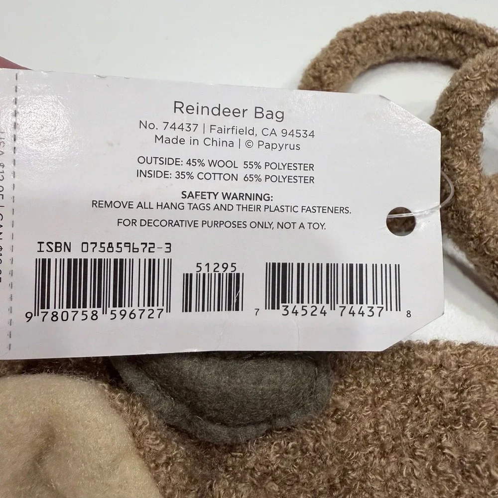 Papyrus Reindeer Bag 74437 Brown Wool Blend Holiday Tote Red Nose Antlers NWT